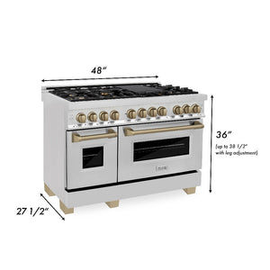 ZLINE Autograph Edition 48 in. 6.0 cu. ft. Dual Fuel Range with Gas Stove and Electric Oven in Stainless Steel with Champagne Bronze Accents (RAZ-48-CB) dimensional measurements.