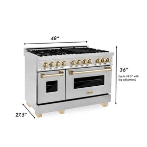 ZLINE Autograph Edition 48 in. 6.0 cu. ft. Dual Fuel Range with Gas Stove and Electric Oven in Stainless Steel with Polished Gold Accents (RAZ-48-G) dimensional measurements.