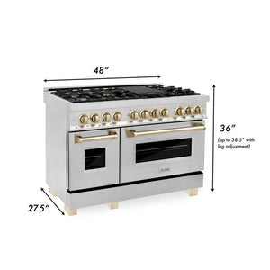 ZLINE Autograph Edition 48 in. 6.0 cu. ft. Dual Fuel Range with Gas Stove and Electric Oven in Stainless Steel with Polished Gold Accents (RAZ-48-G) dimensional measurements.
