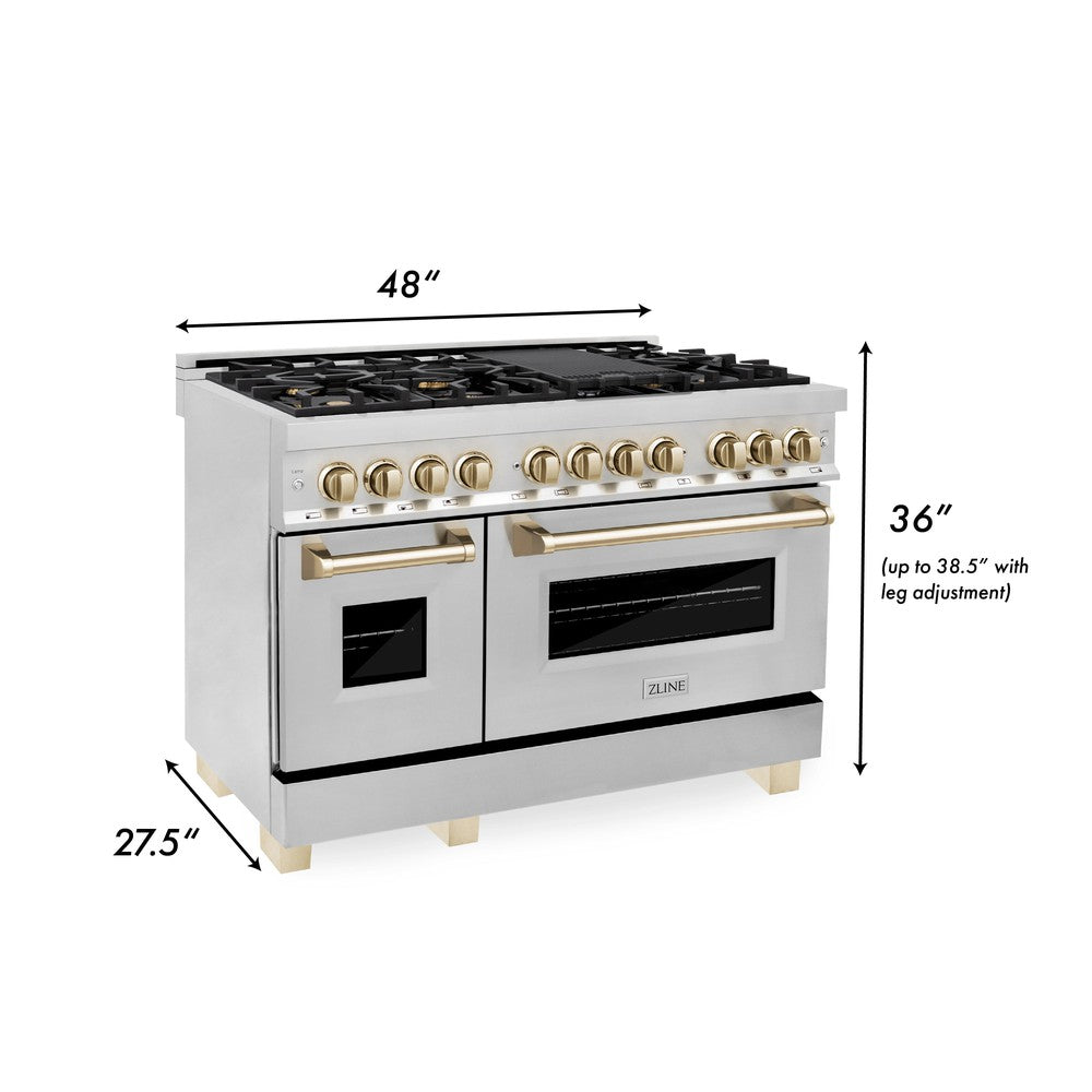 ZLINE Autograph Edition 48 in. 6.0 cu. ft. Legacy Dual Fuel Range with 7 Burner Gas Cooktop and 2 Electric Ovens in Stainless Steel and Polished Gold Accents (RAZ-48-G) dimensional diagram.