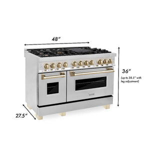 ZLINE Autograph Edition 48 in. 6.0 cu. ft. Dual Fuel Range with Gas Stove and Electric Oven in Stainless Steel with Polished Gold Accents (RAZ-48-G) dimensional measurements.