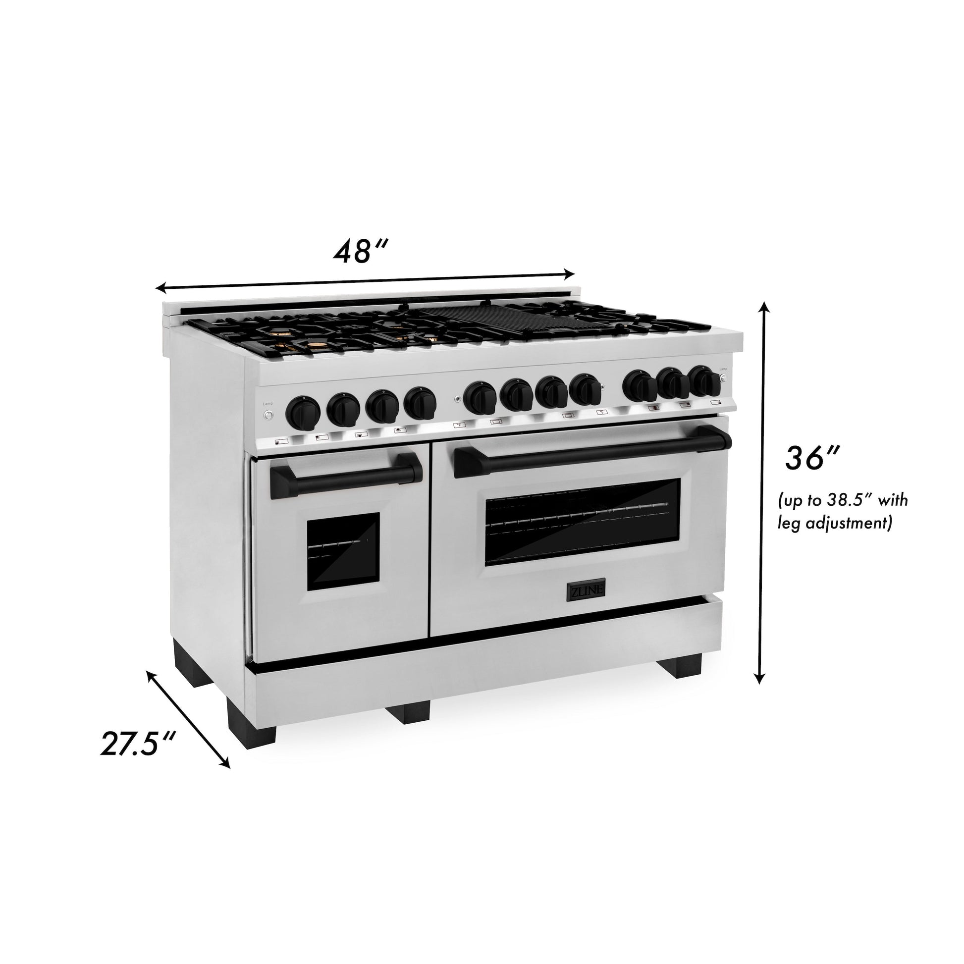 ZLINE Autograph Edition 48 in. 6.0 cu. ft. Dual Fuel Range with Gas Stove and Electric Oven in Stainless Steel with Matte Black Accents (RAZ-48-MB) dimensional measurements.