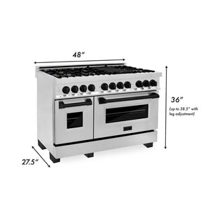 ZLINE Autograph Edition 48 in. 6.0 cu. ft. Dual Fuel Range with Gas Stove and Electric Oven in Stainless Steel with Matte Black Accents (RAZ-48-MB) dimensional measurements.