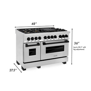 ZLINE Autograph Edition 48 in. 6.0 cu. ft. Dual Fuel Range with Gas Stove and Electric Oven in Stainless Steel with Matte Black Accents (RAZ-48-MB) dimensional measurements.