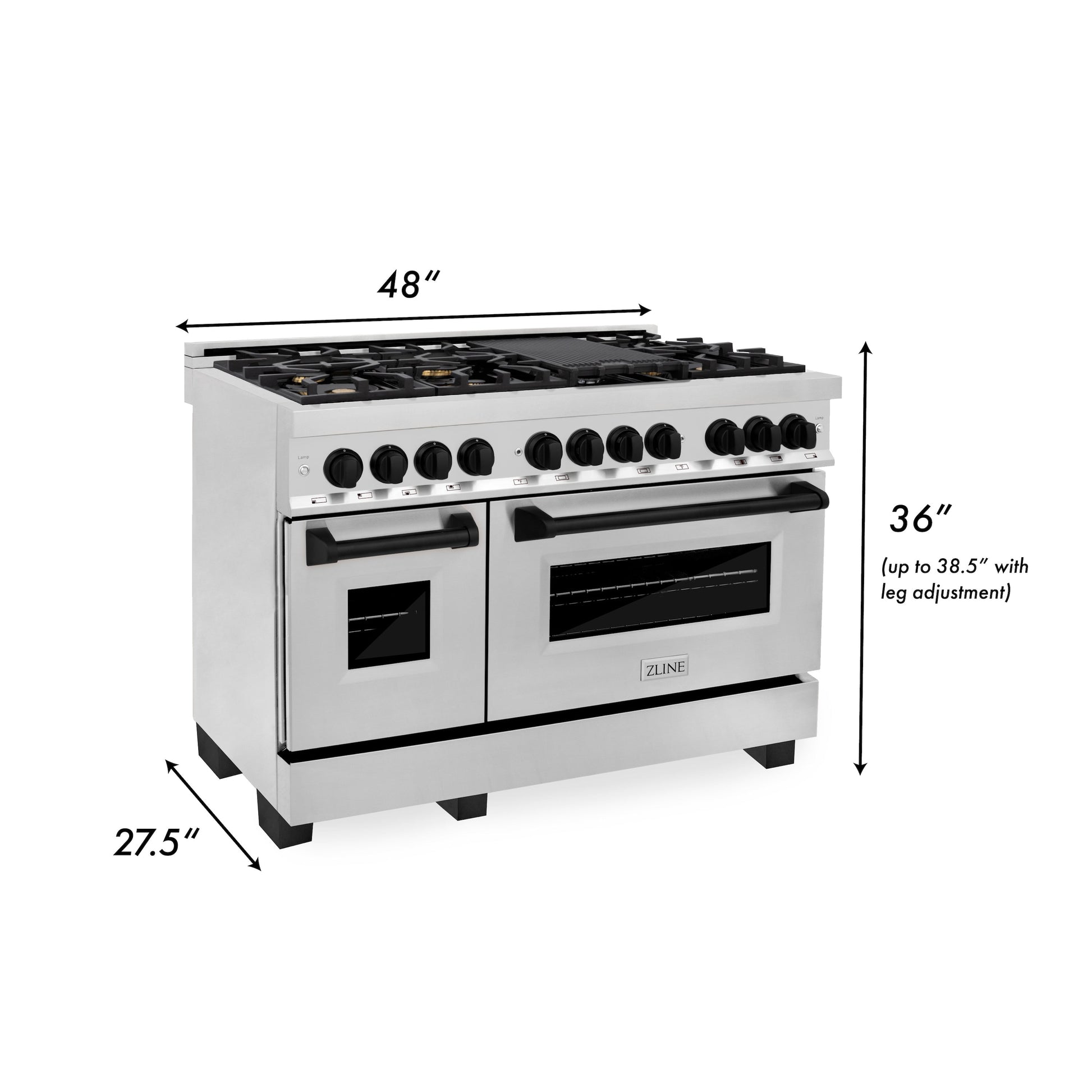 ZLINE Autograph Edition 48 in. 6.0 cu. ft. Dual Fuel Range with Gas Stove and Electric Oven in Stainless Steel with Matte Black Accents (RAZ-48-MB) dimensional measurements.