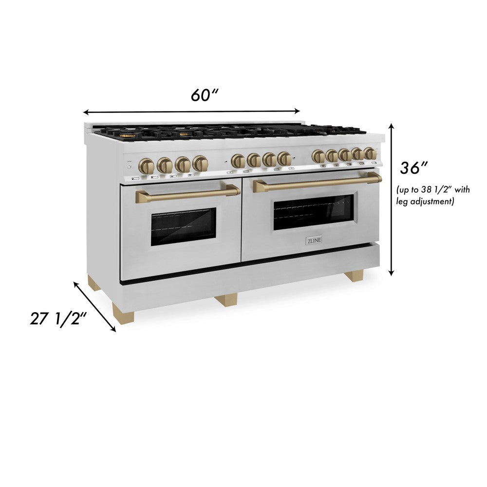 ZLINE Autograph Edition 60 in. 7.4 cu. ft. Legacy Dual Fuel Range with 9 Burner Gas Cooktop and 2 Electric Convection Ovens in Stainless Steel and Champagne Bronze Accents (RAZ-60-CB) dimensional diagram.