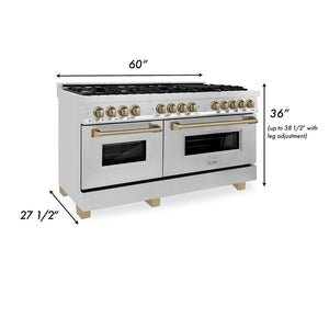 ZLINE Autograph Edition 60 in. 7.4 cu. ft. Legacy Dual Fuel Range with 9 Burner Gas Cooktop and 2 Electric Convection Ovens in Stainless Steel and Champagne Bronze Accents (RAZ-60-CB) dimensional diagram.