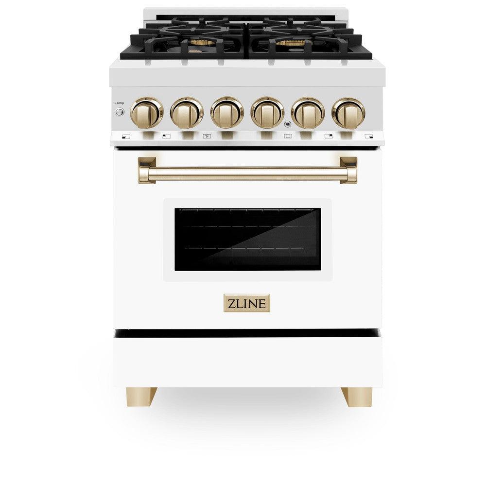 ZLINE Autograph Edition 24 in. 2.8 cu. ft. Legacy Dual Fuel Range with 4 Burner Gas Cooktop and Electric Convection Oven in Stainless Steel with White Matte Door and Polished Gold Accents (RAZ-WM-24-G) front, oven closed.