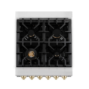 ZLINE Autograph Edition 24 in. 2.8 cu. ft. Legacy Dual Fuel Range with 4 Burner Gas Cooktop and Electric Convection Oven in Stainless Steel with White Matte Door and Polished Gold Accents (RAZ-WM-24-G) top-down, above cooktop.