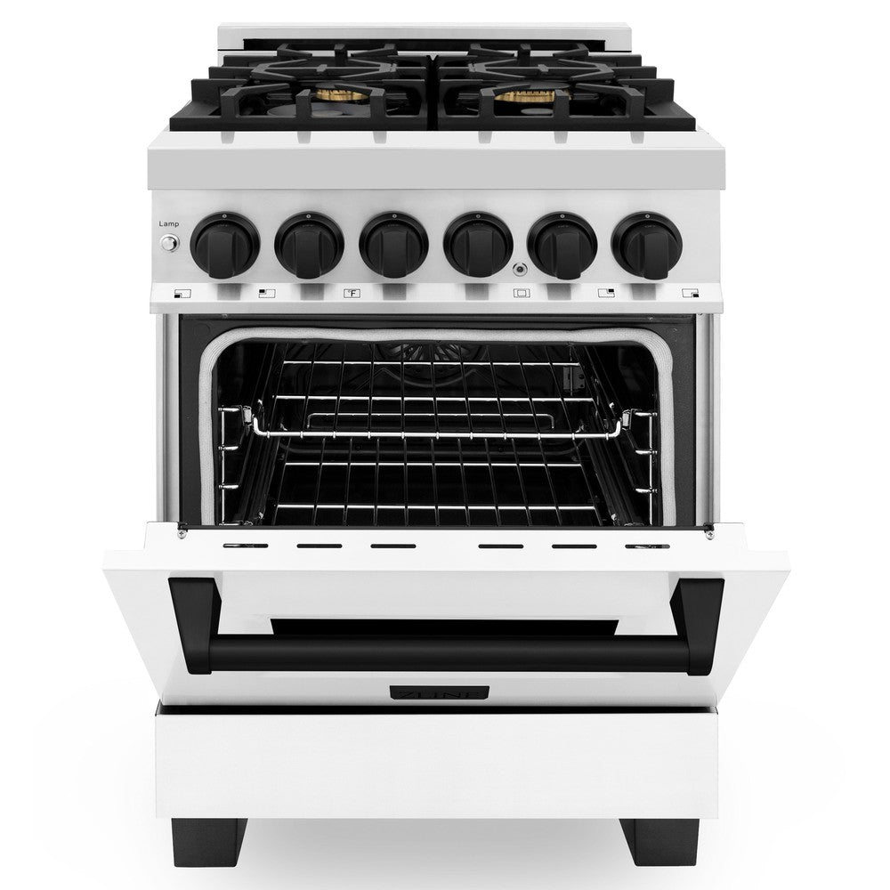 ZLINE Autograph Edition 24 in. 2.8 cu. ft. Legacy Dual Fuel Range with 4 Burner Gas Cooktop and Electric Convection Oven in Stainless Steel with White Matte Door and Matte Black Accents (RAZ-WM-24-MB) front, oven half open.