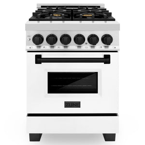 ZLINE Autograph Edition 24 in. 2.8 cu. ft. Legacy Dual Fuel Range with 4 Burner Gas Cooktop and Electric Convection Oven in Stainless Steel with White Matte Door and Matte Black Accents (RAZ-WM-24-MB) front, oven closed.