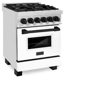 ZLINE Autograph Edition 24 in. 2.8 cu. ft. Legacy Dual Fuel Range with 4 Burner Gas Cooktop and Electric Convection Oven in Stainless Steel with White Matte Door and Matte Black Accents (RAZ-WM-24-MB) side, oven closed.