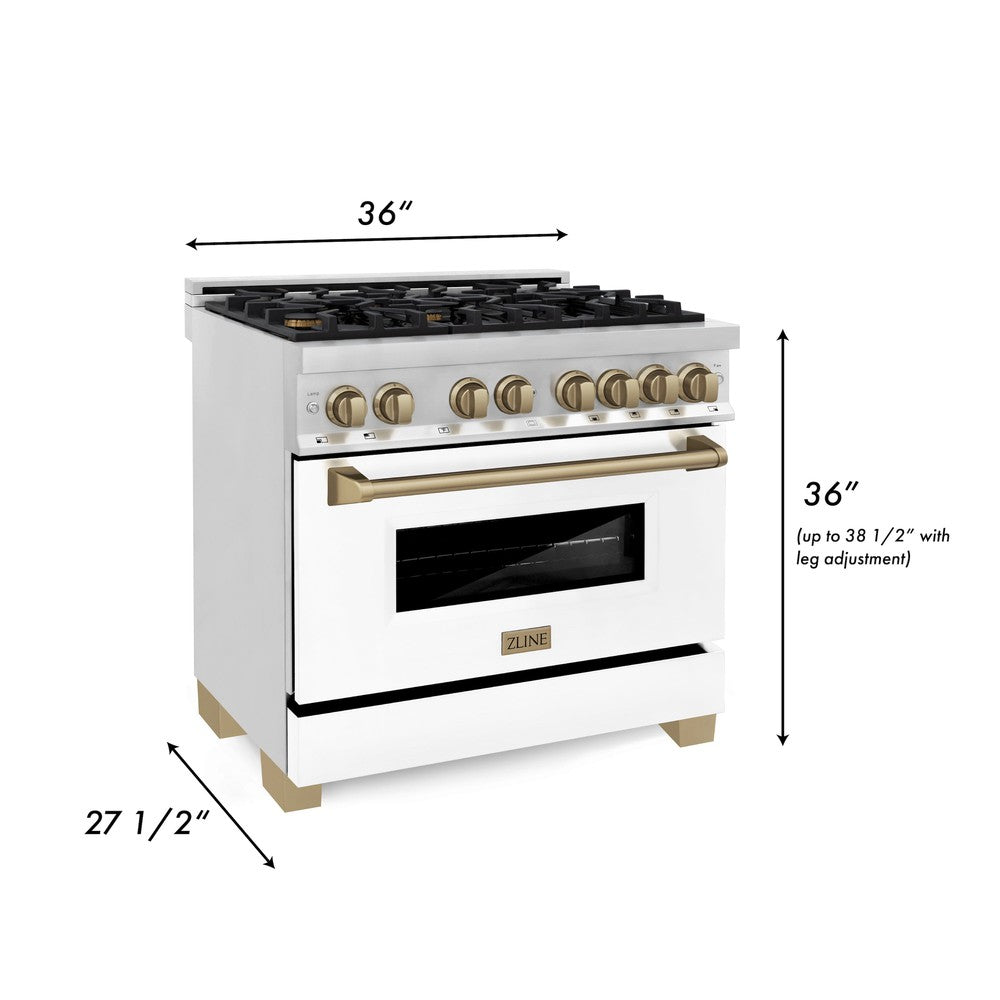 ZLINE Autograph Edition 36 in. 4.6 cu. ft. Legacy Dual Fuel Range with 6 Burner Gas Cooktop and Electric Convection Oven in Stainless Steel with White Matte Door and Champagne Bronze Accents (RAZ-WM-36-CB) dimensional diagram.