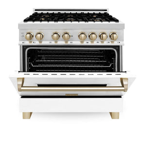 ZLINE Autograph Edition 36 in. 4.6 cu. ft. Legacy Dual Fuel Range with 6 Burner Gas Cooktop and Electric Convection Oven in Stainless Steel with White Matte Door and Polished Gold Accents (RAZ-WM-36-G) front, oven half open.