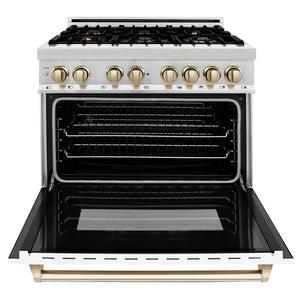 ZLINE Autograph Edition 36 in. 4.6 cu. ft. Legacy Dual Fuel Range with 6 Burner Gas Cooktop and Electric Convection Oven in Stainless Steel with White Matte Door and Polished Gold Accents (RAZ-WM-36-G) front, oven open.