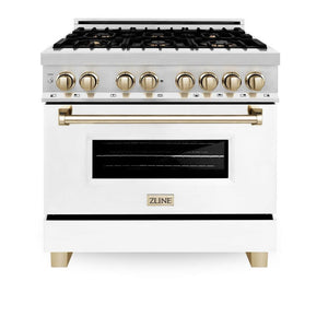 ZLINE Autograph Edition 36 in. 4.6 cu. ft. Legacy Dual Fuel Range with 6 Burner Gas Cooktop and Electric Convection Oven in Stainless Steel with White Matte Door and Polished Gold Accents (RAZ-WM-36-G) front, oven closed.