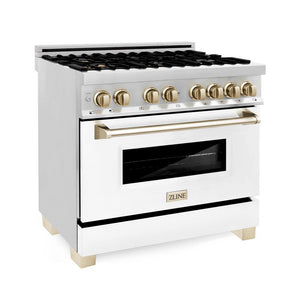 ZLINE Autograph Edition 36 in. Kitchen Package with Stainless Steel Dual Fuel Range with White Matte Door, Range Hood and Dishwasher with Polished Gold Accents (3AKP-RAWMRHDWM36-G) 