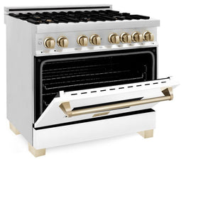 ZLINE Autograph Edition 36 in. 4.6 cu. ft. Legacy Dual Fuel Range with 6 Burner Gas Cooktop and Electric Convection Oven in Stainless Steel with White Matte Door and Polished Gold Accents (RAZ-WM-36-G) side, oven half open.