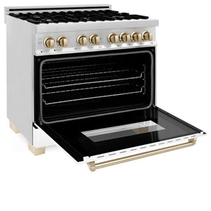 ZLINE Autograph Edition 36 in. 4.6 cu. ft. Legacy Dual Fuel Range with 6 Burner Gas Cooktop and Electric Convection Oven in Stainless Steel with White Matte Door and Polished Gold Accents (RAZ-WM-36-G) side, oven open.