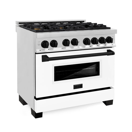 ZLINE Autograph Edition 36 in. 4.6 cu. ft. Legacy Dual Fuel Range with 6 Burner Gas Cooktop and Electric Convection Oven in Stainless Steel with White Matte Door and Matte Black Accents (RAZ-WM-36-MB)