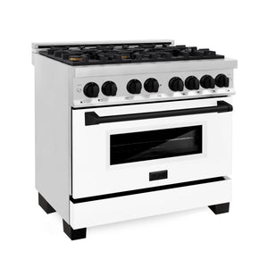 ZLINE Autograph Edition 36 in. Kitchen Package with Stainless Steel Dual Fuel Range with White Matte Door and Range Hood with Matte Black Accents (2AKP-RAWMRH36-MB) 