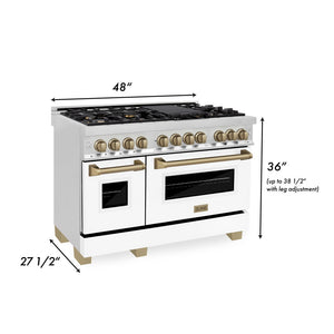 ZLINE Autograph Edition 48 in. 6.0 cu. ft. Legacy Dual Fuel Range with 7 Burner Gas Cooktop and 2 Electric Ovens in Stainless Steel with White Matte Doors and Champagne Bronze Accents (RAZ-WM-48-CB) dimensional diagram.