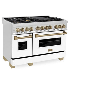 ZLINE Autograph Edition 48 in. 6.0 cu. ft. Legacy Dual Fuel Range with 7 Burner Gas Cooktop and 2 Electric Ovens in Stainless Steel with White Matte Doors and Champagne Bronze Accents (RAZ-WM-48-CB) side, oven closed.