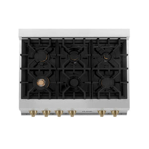 ZLINE Autograph Edition 36 in. Porcelain Rangetop with 6 Gas Burners in Stainless Steel with Champagne Bronze Accents (RTZ-36-CB) from above showing gas burners and cast-iron grates.