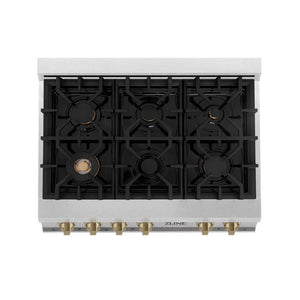 ZLINE Autograph Edition 36 in. Porcelain Rangetop with 6 Gas Burners in DuraSnow® Stainless Steel with Champagne Bronze Accents (RTSZ-36-CB) from above showing gas burners and cast-iron grates.