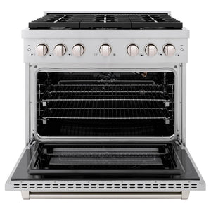 ZLINE 36 in. 5.2 cu. ft. 6 Burner Gas Range with Convection Gas Oven in Stainless Steel (SGR36) front, with oven open.