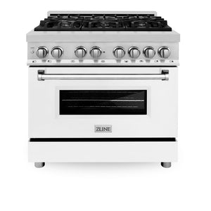 ZLINE 36 in. 4.6 cu. ft. Legacy Dual Fuel Range with 6 Burner Gas Cooktop and Electric Convection Oven in Stainless Steel and White Matte Door (RA-WM-36) front, oven closed.