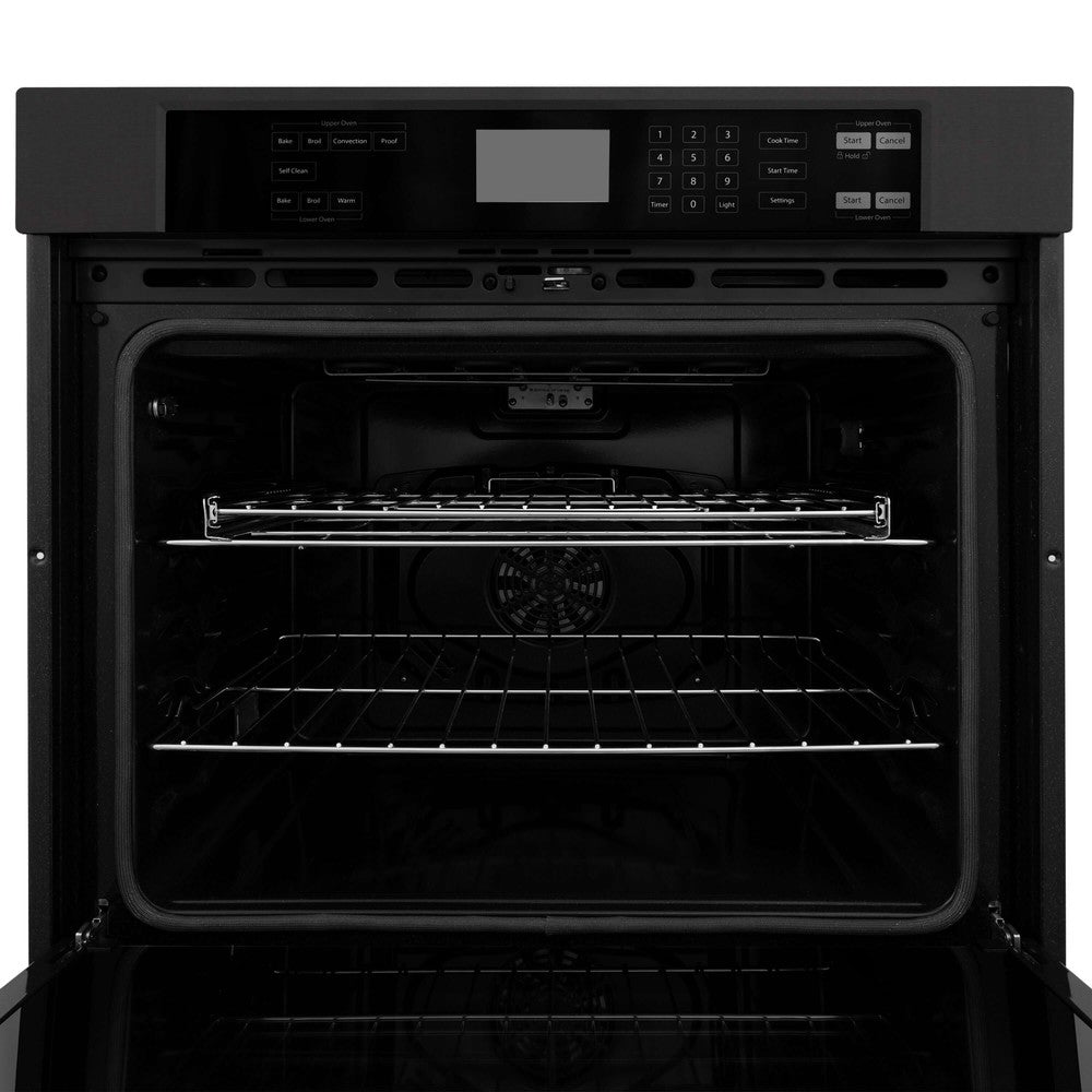 ZLINE 30 in. Professional Electric Double Wall Oven with Self Clean and True Convection in Black Stainless Steel (AWD-30-BS) front, open.