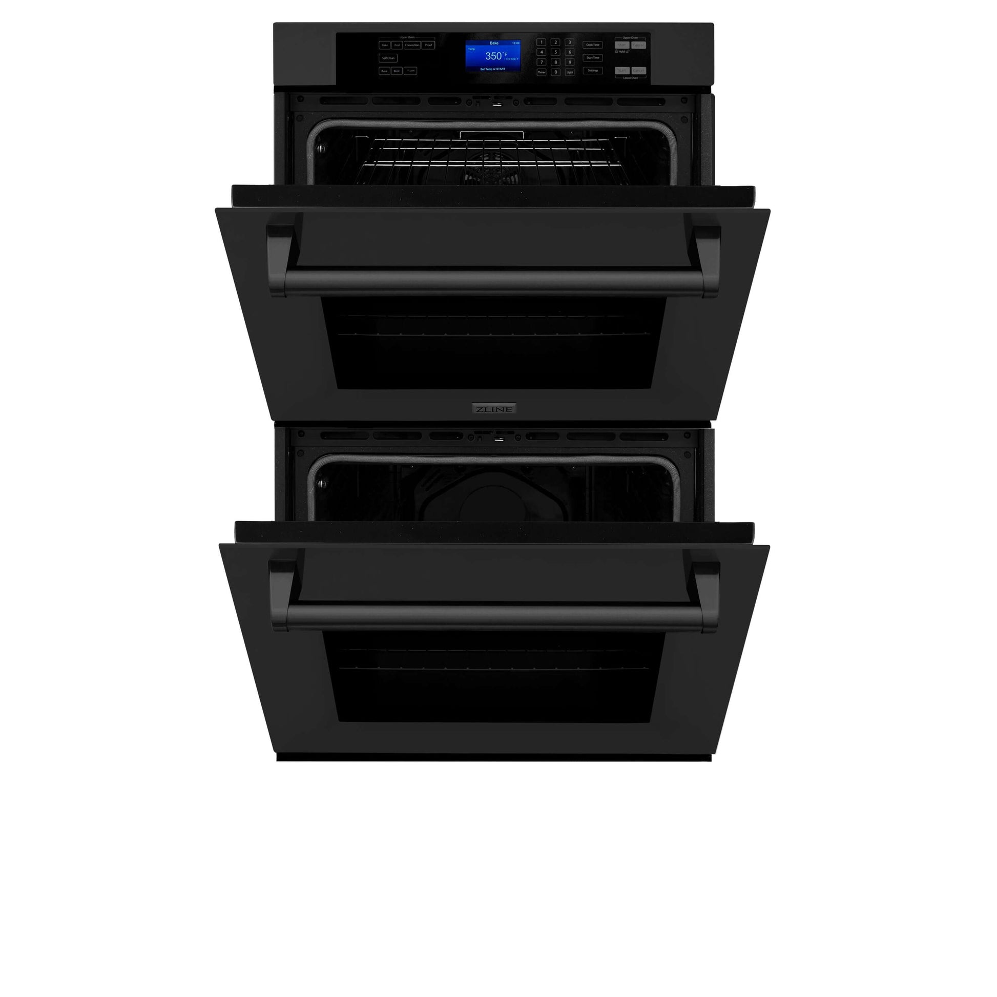 ZLINE 30 in. Professional Electric Double Wall Oven with Self Clean and True Convection in Black Stainless Steel (AWD-30-BS) front, half open.