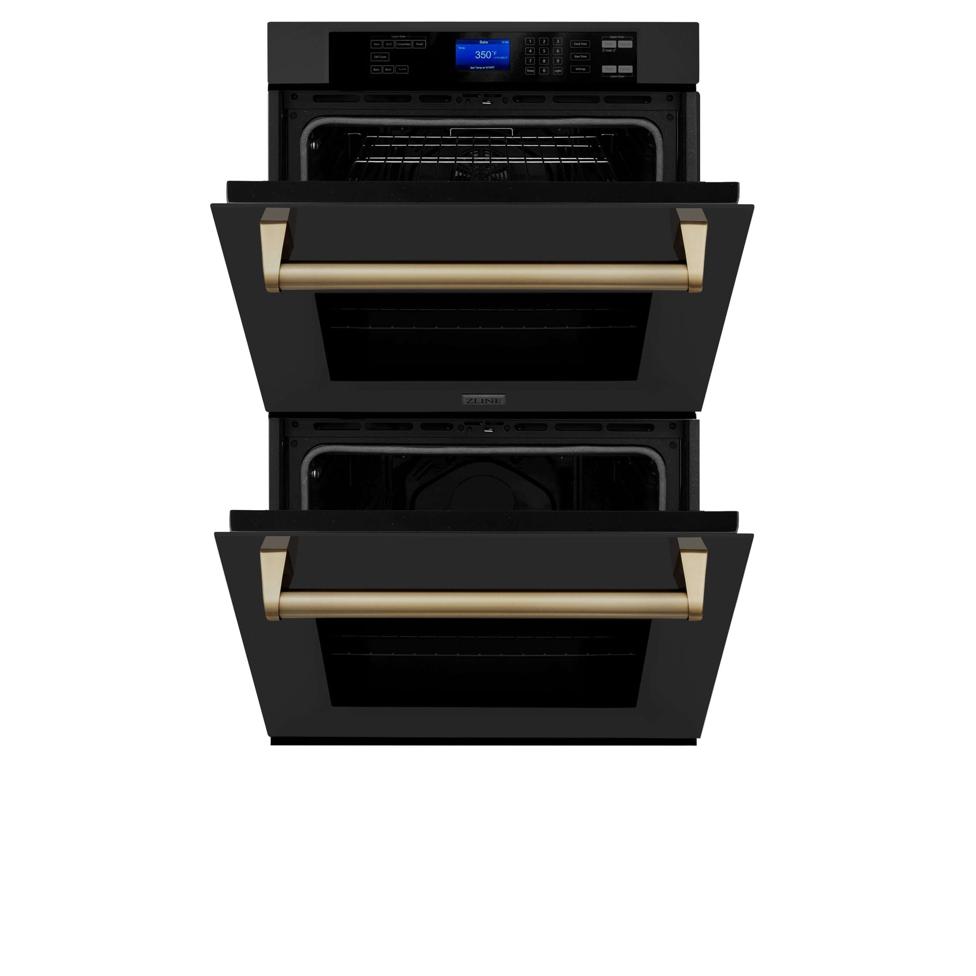 ZLINE Autograph Edition 30 in. Electric Double Wall Oven with Self Clean and True Convection in Black Stainless Steel and Champagne Bronze Accents (AWDZ-30-BS-CB) front, half open.