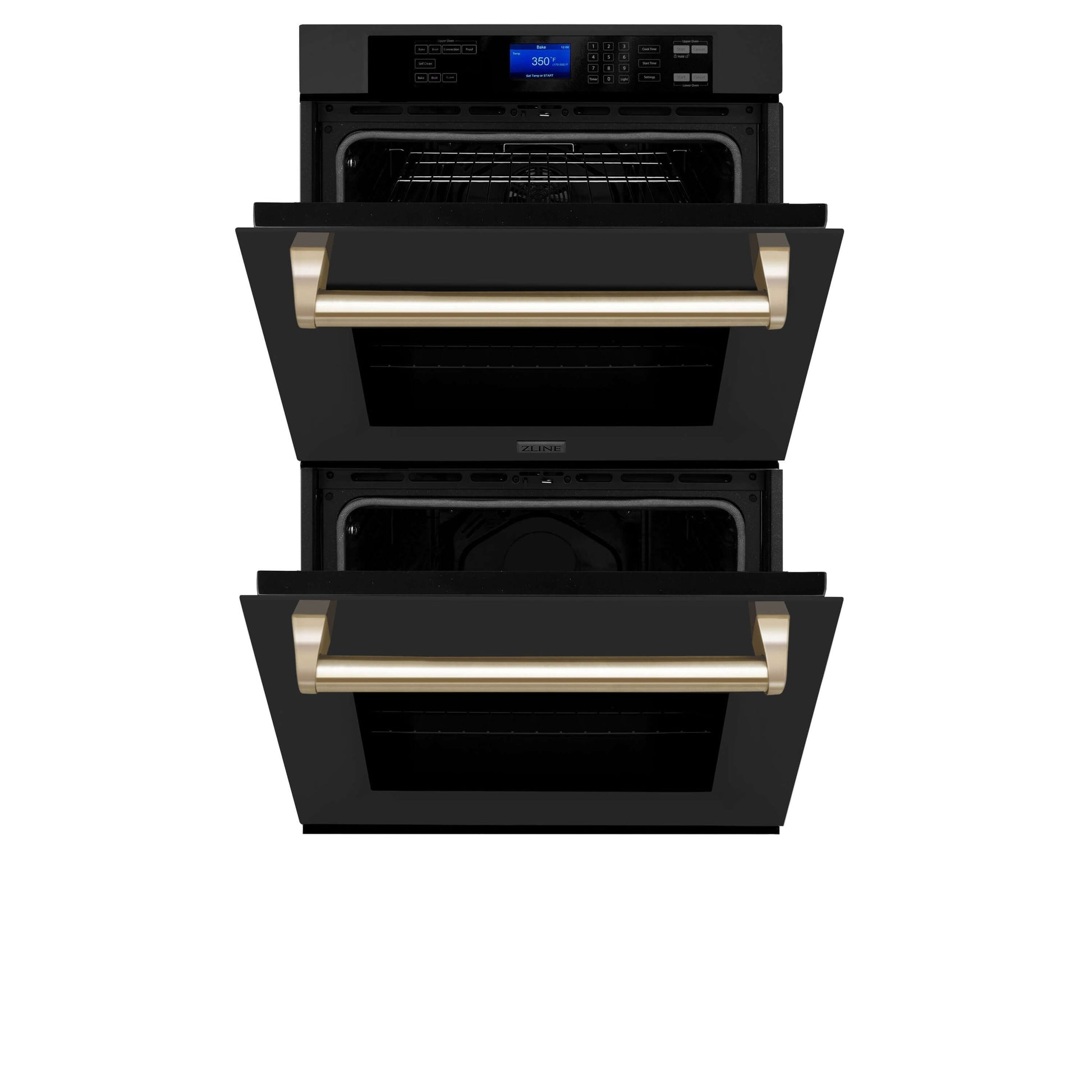 ZLINE Autograph Edition 30 in. Electric Double Wall Oven with Self Clean and True Convection in Black Stainless Steel and Polished Gold Accents (AWDZ-30-BS-G) front, half open.