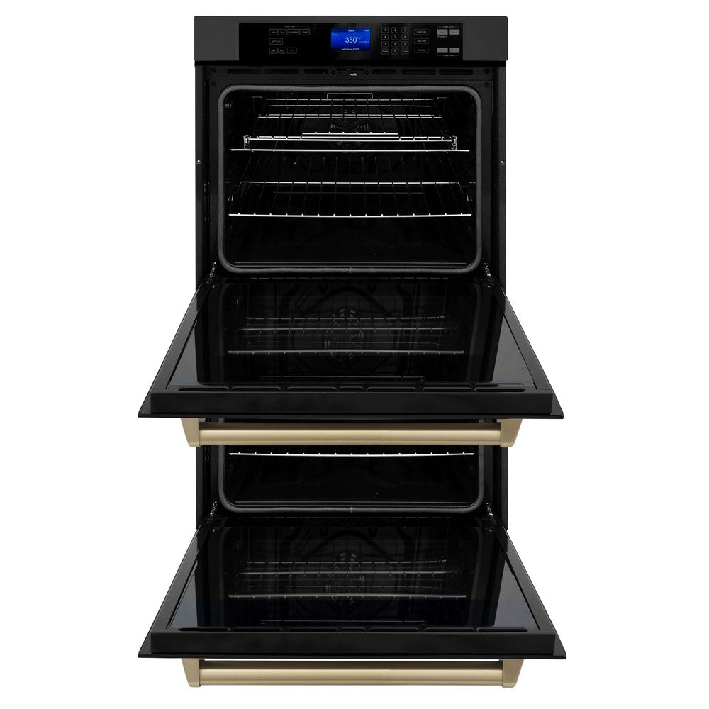 ZLINE Autograph Edition 30 in. Electric Double Wall Oven with Self Clean and True Convection in Black Stainless Steel and Champagne Bronze Accents (AWDZ-30-BS-CB) front, open.