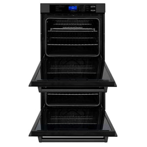 ZLINE 30 in. Professional Electric Double Wall Oven with Self Clean and True Convection in Black Stainless Steel (AWD-30-BS) front, open.