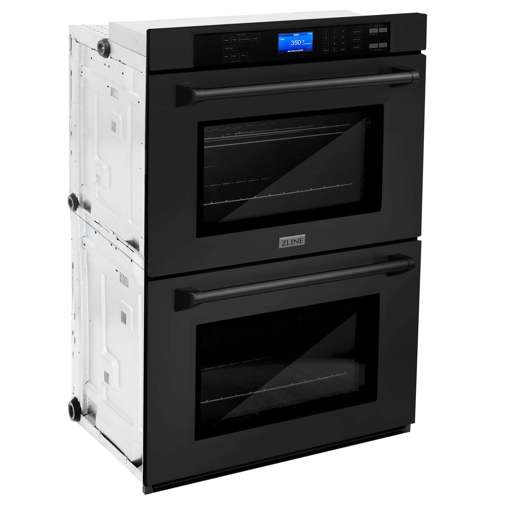 ZLINE 30 in. Professional Electric Double Wall Oven with Self Clean and True Convection in Black Stainless Steel (AWD-30-BS) side, closed.