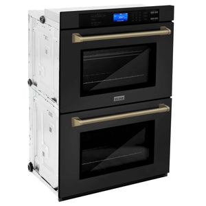 ZLINE Autograph Edition 30 in. Electric Double Wall Oven with Self Clean and True Convection in Black Stainless Steel and Champagne Bronze Accents (AWDZ-30-BS-CB) side, closed.