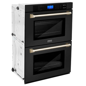 ZLINE Autograph Edition 30 in. Electric Double Wall Oven with Self Clean and True Convection in Black Stainless Steel and Polished Gold Accents (AWDZ-30-BS-G) side, closed.