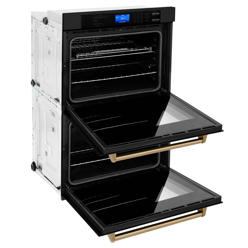 ZLINE Autograph Edition 30 in. Electric Double Wall Oven with Self Clean and True Convection in Black Stainless Steel and Champagne Bronze Accents (AWDZ-30-BS-CB) side, open.