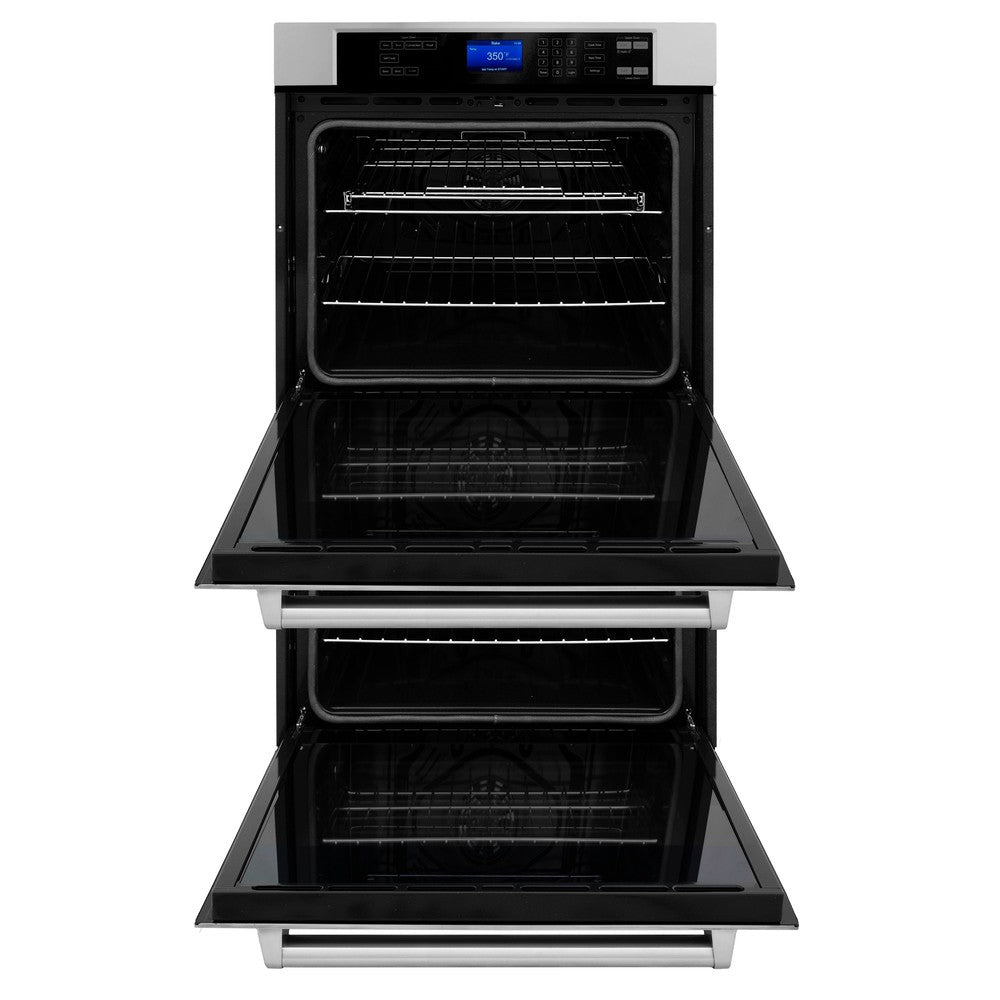 ZLINE 30 in. Professional Electric Double Wall Oven with Self Clean and True Convection in Stainless Steel (AWD-30) front, ovens open.