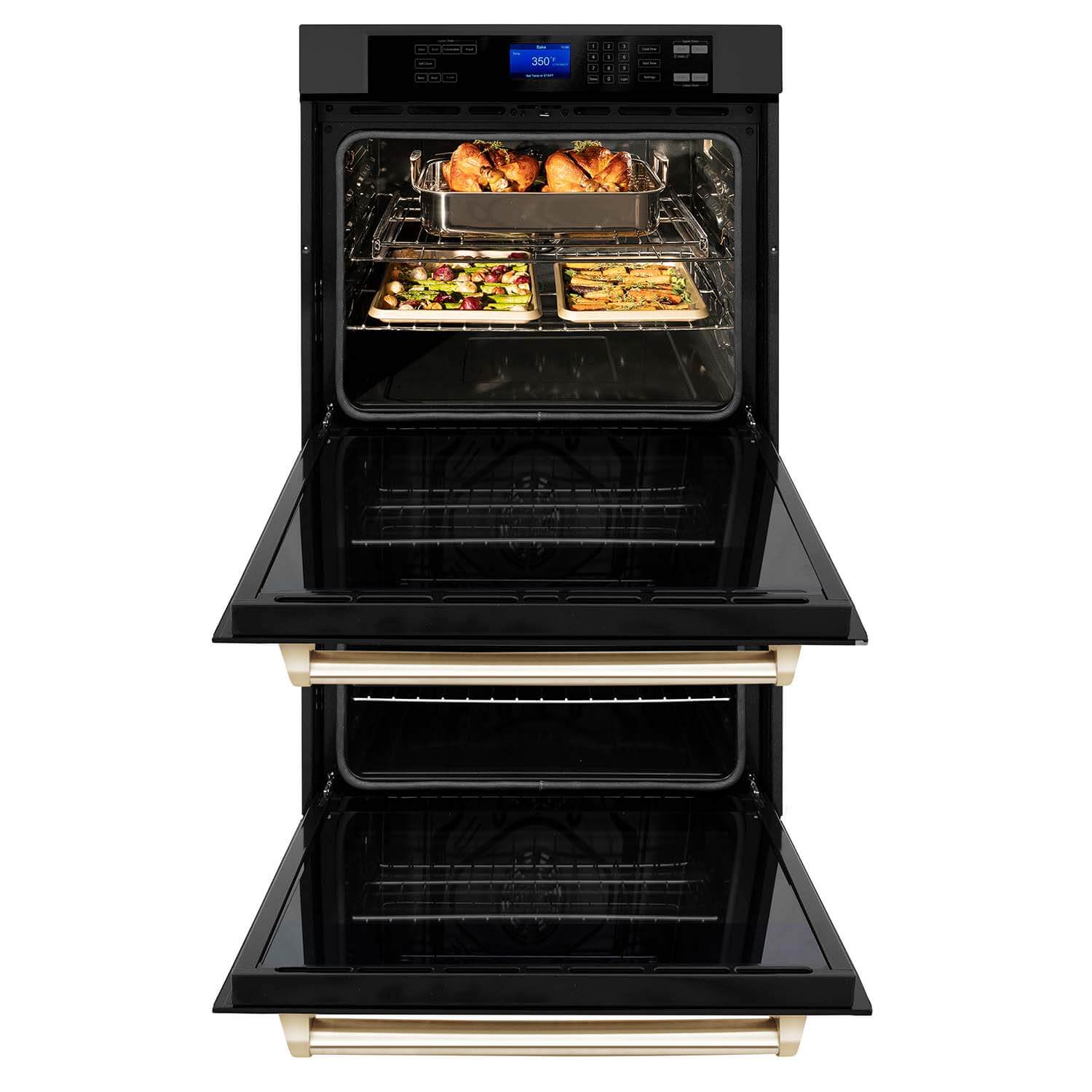 ZLINE Autograph Edition 30 in. Electric Double Wall Oven with Self Clean and True Convection in Black Stainless Steel and Polished Gold Accents (AWDZ-30-BS-G) front, open.