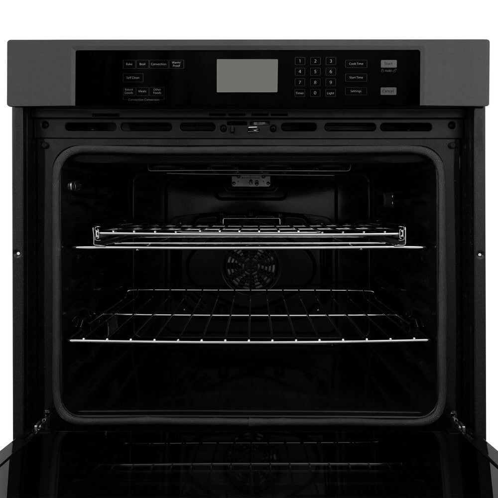 ZLINE 30 in. Professional Electric Single Wall Oven with Self Clean and True Convection in Black Stainless Steel (AWS-30-BS) front, open.