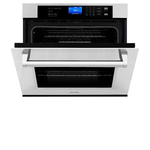 ZLINE 30 in. Professional Electric Single Wall Oven with Self Clean and True Convection in Stainless Steel (AWS-30) front, oven half open.
