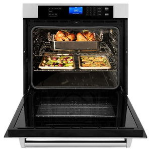 ZLINE 30 in. Professional Electric Single Wall Oven with Self Clean and True Convection in Stainless Steel (AWS-30) front, open with cooked food inside.