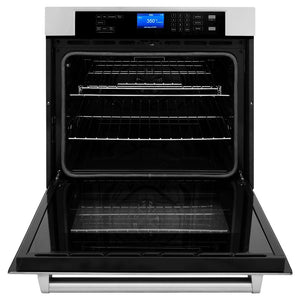 ZLINE Kitchen Package with Refrigerator, 30 in. Stainless Steel Rangetop, 30 in. Range Hood, 30 in. Single Wall Oven and 24 in. Tall Tub Dishwasher (5KPR-RTRH30-AWSDWV) front, open.