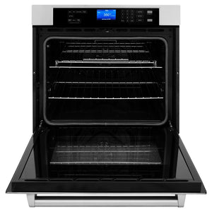 ZLINE 30 in. Professional Electric Single Wall Oven with Self Clean and True Convection in Stainless Steel (AWS-30) front, oven open.