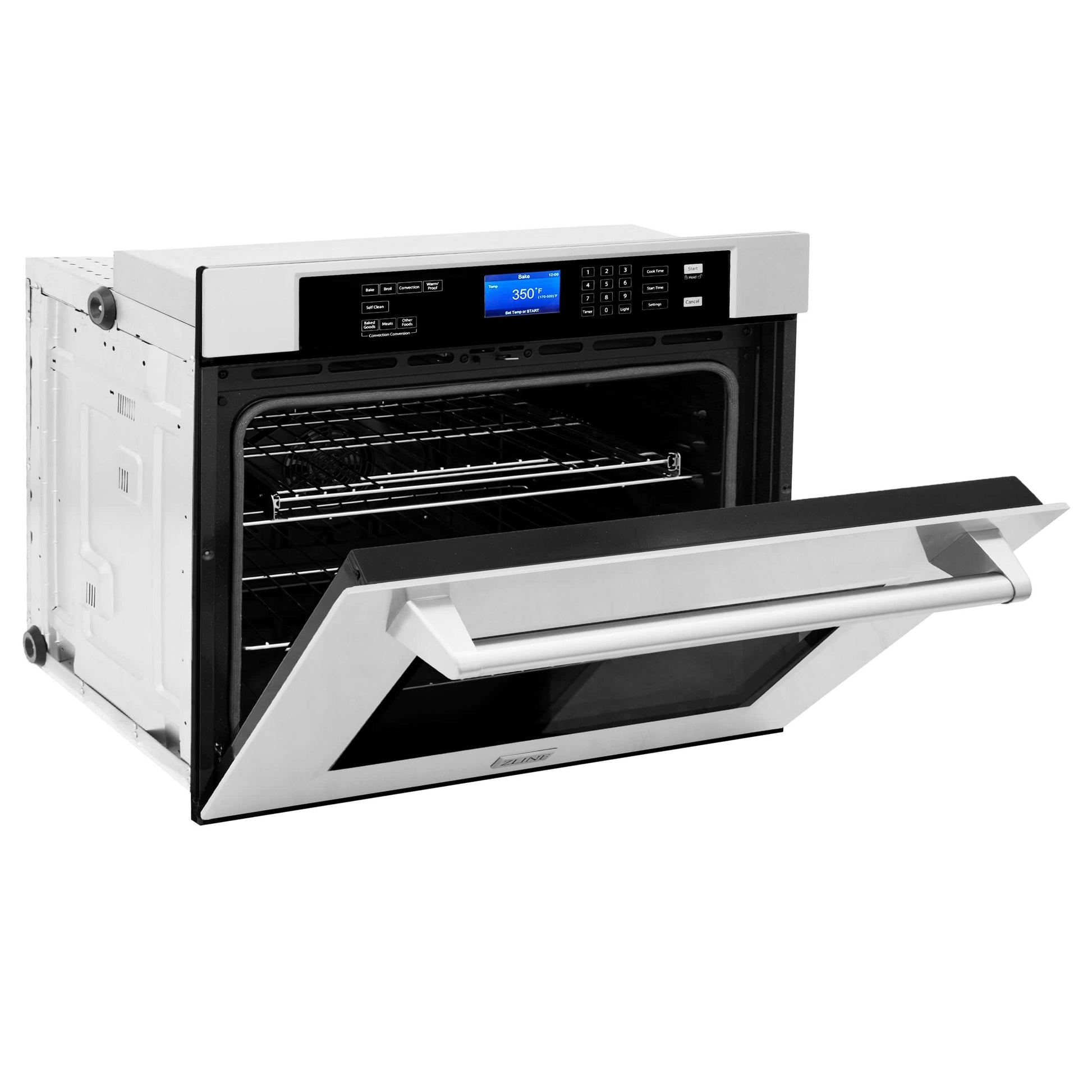 ZLINE 30 in. Professional Electric Single Wall Oven with Self Clean and True Convection in Stainless Steel (AWS-30) side, half open.