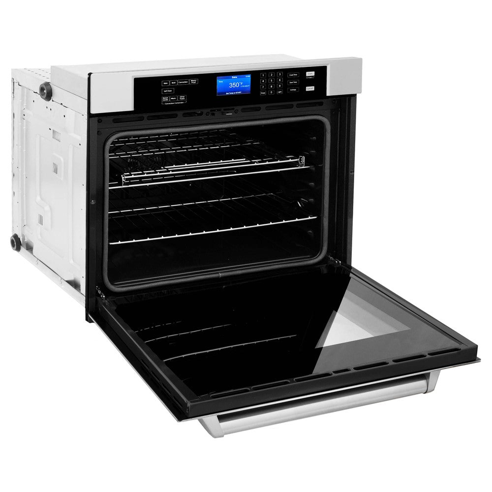 ZLINE 30 in. Professional Electric Single Wall Oven with Self Clean and True Convection in Stainless Steel (AWS-30) side, open.